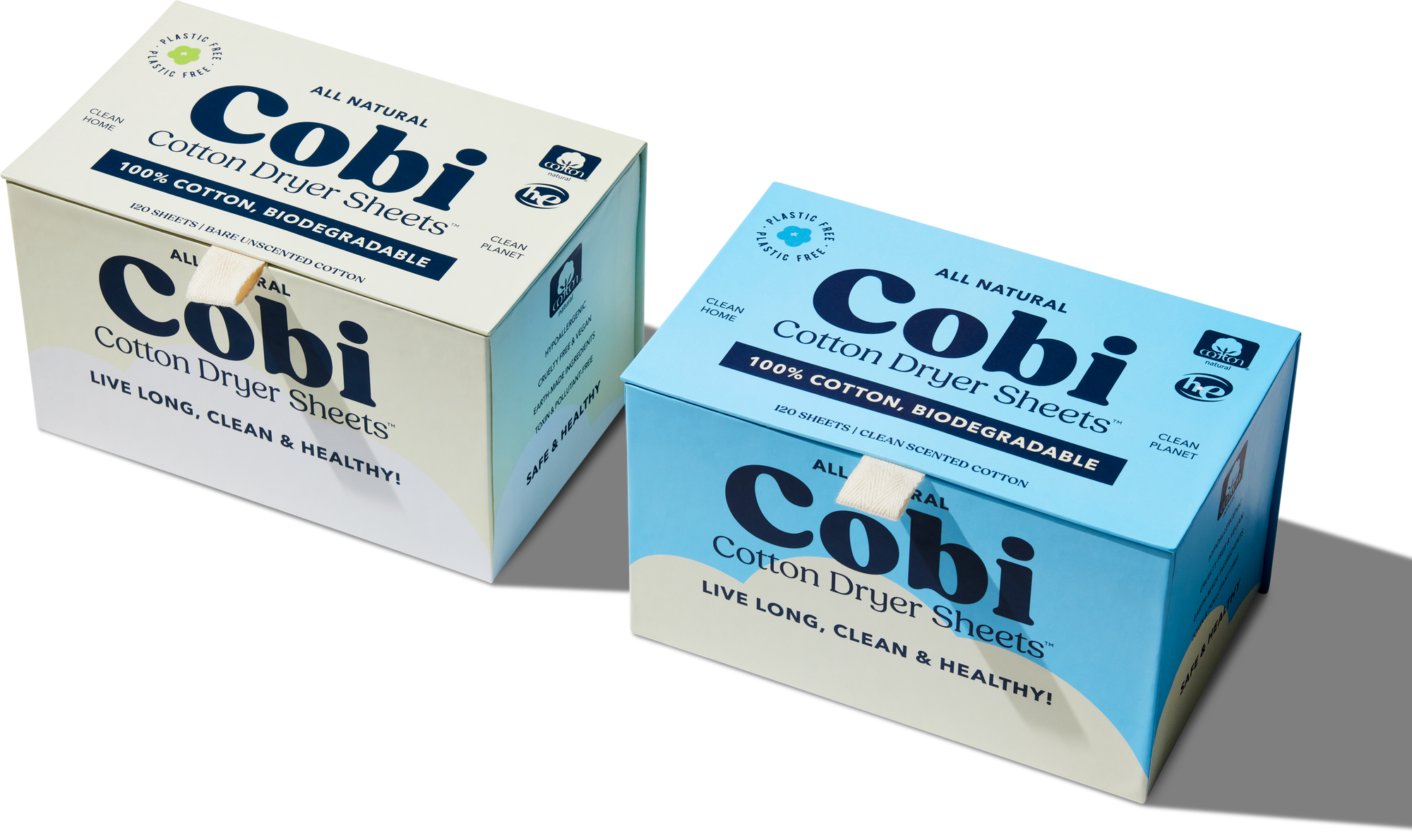 two boxes of Cobi dryer sheets, one scented one unscented.