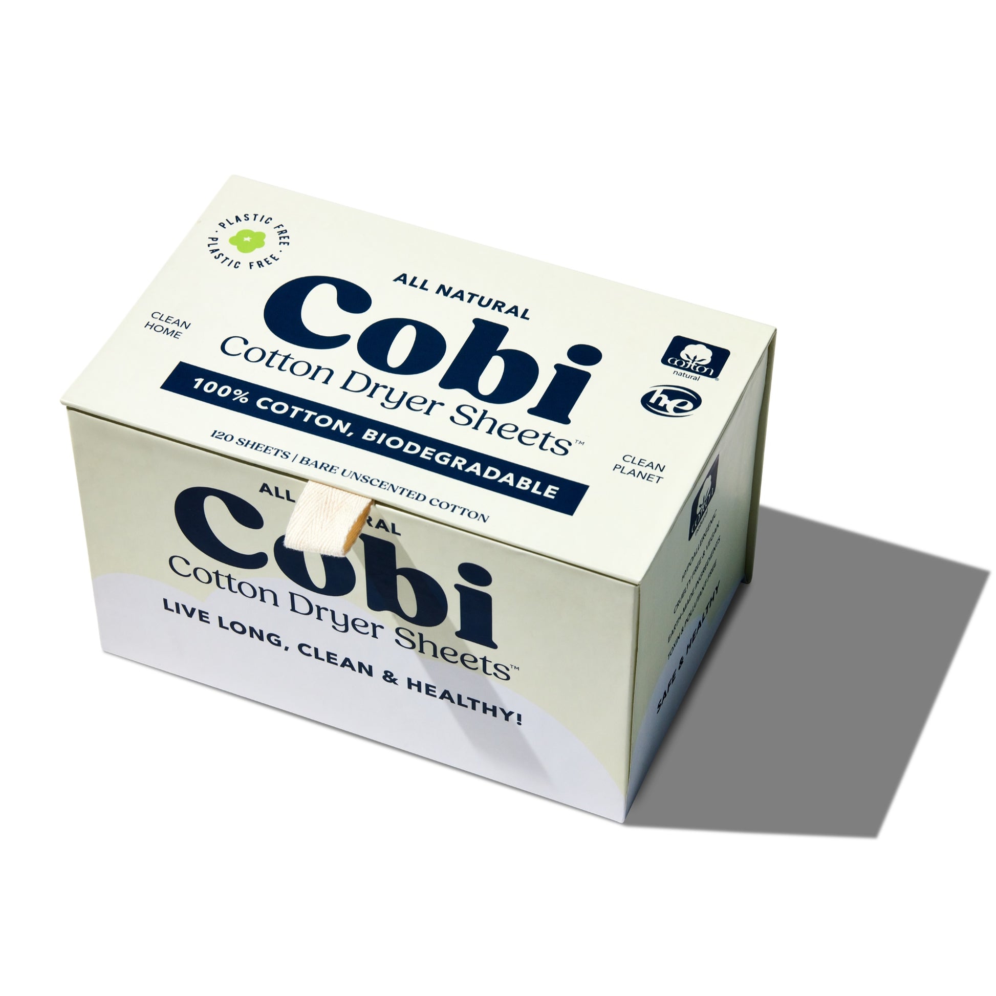 Branded box of Cobi cotton dryer sheets, unscented