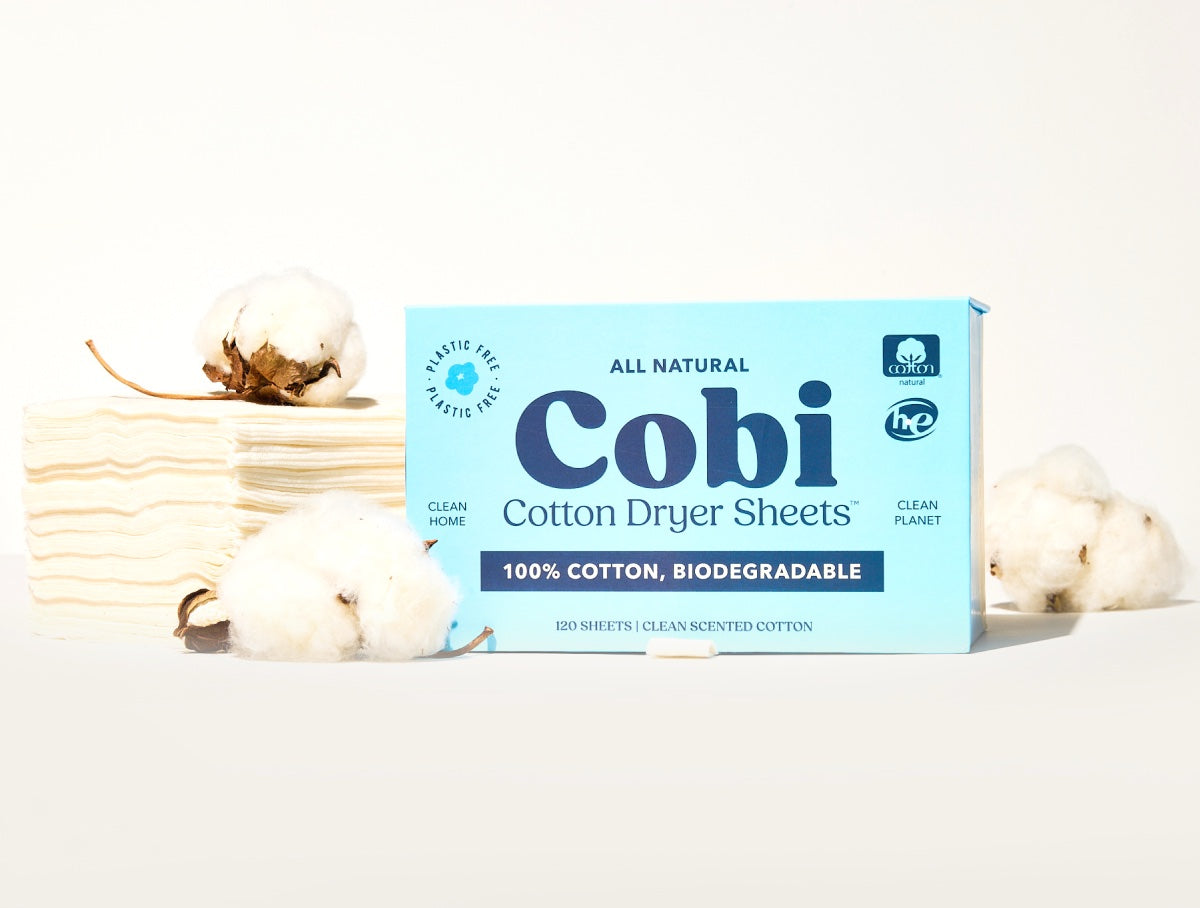 Box of Cobi dryer sheets with cotton sprigs