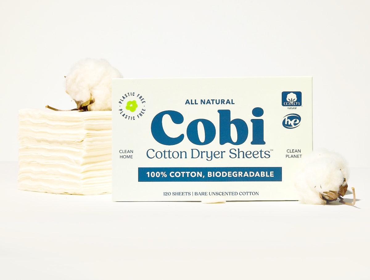 Box of Cobi dryer sheets with cotton sprigs